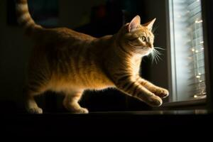 een oranje gestreept kat is staand Aan haar achter poten in voorkant van een venster generatief ai foto