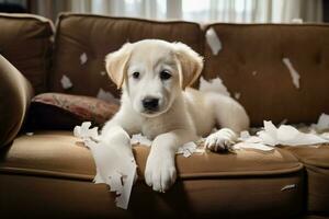 ondeugend speels puppy hond aan het liegen Aan bankstel Bij huis. schuldig hond en vernietigd leven kamer. schade rommelig huis en puppy met grappig schuldig Look. foto