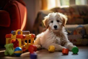 schattig puppy spelen met zijn speelgoed in leven kamer. puppy met grappig Look. foto