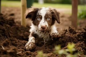 dichtbij omhoog vuil puppy spelen in de tuin. puppy met grappig Look. foto