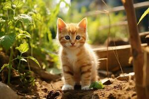 schattig katje in weinig boerderij. katje met grappig kijken foto