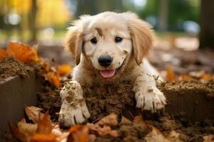 dichtbij omhoog vuil puppy spelen in de tuin. puppy met grappig Look. foto