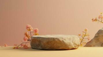 een minimalistisch tafereel van een aan het liegen steen met bloemen Aan een licht pastel achtergrond. vitrine voor de presentatie van natuurlijk producten en cosmetica. foto