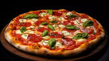 heerlijk peperoni pizza, samengesteld met knoflook kruidnagel, tomaat puree, basilicum bladeren, ricotta, droog oregano, pesto, rood saus, met drie verschil kaas net zo toppings foto