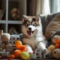 schattig puppy spelen met zijn speelgoed in leven kamer. puppy met grappig Look. foto