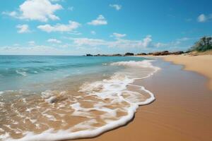 blauw zee Golf, wit schuim, gouden zand strand foto