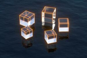 drijvend transparant kubussen over- de oceaan, 3d weergave. foto
