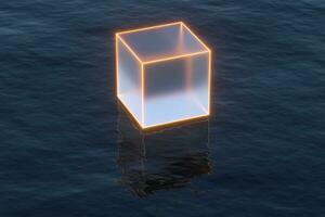 drijvend transparant kubussen over- de oceaan, 3d weergave. foto