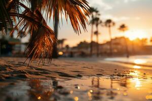 zonnig tropisch caraïben strand met palm bomen en turkoois water, caraïben eiland vakantie, heet zomer dag foto