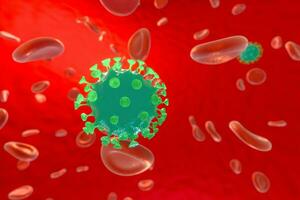 verspreid corona virussen met bloed achtergrond, 3d renderen foto