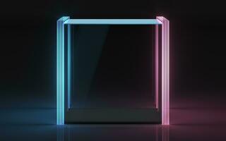 leeg glas vitrine met neon lijnen, 3d weergave. foto