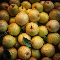 realistisch foto van een bundel van Aziatisch peren. top visie fruit landschap. ai gegenereerd