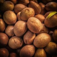 realistisch foto van een bundel van sapodilla's. top visie fruit landschap. ai gegenereerd