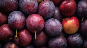 realistisch foto van een bundel van pruimen. top visie fruit landschap. ai gegenereerd