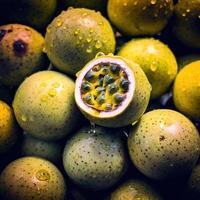 realistisch foto van een bundel van passie vruchten. top visie fruit landschap. ai gegenereerd