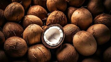 realistisch foto van een bundel van kokosnoten. top visie fruit landschap. ai gegenereerd