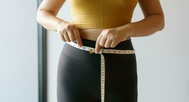 vrouw willen naar verliezen gewicht met een centimeter vorm omhoog gezond maag spier en eetpatroon meten taille met meten plakband na eetpatroon gewicht controle foto