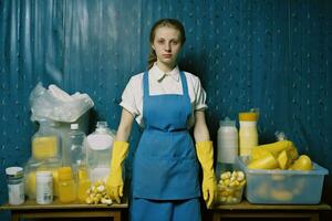 vrouw blauw schoonmaak uniform persoon. genereren ai foto