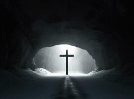 christen kruis met licht schijnend door de tunnel foto