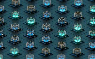 creatief elektronica Kristallen kubussen, 3d weergave. foto