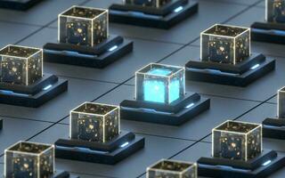 creatief elektronica Kristallen kubussen, 3d weergave. foto