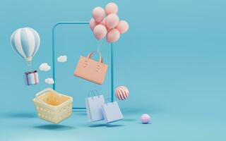 boodschappen doen en geschenken, boodschappen doen thema, 3d weergave. foto