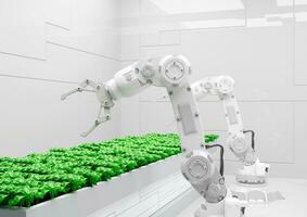 robot arm groeit planten in een serre. slim boerderij concept, geautomatiseerd landbouw foto