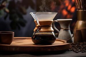 heet arabica in chemex met de aromatisch van koffie met zwart koffie bonen ai generatief foto