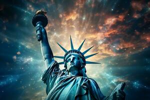 standbeeld van vrijheid in nieuw york gezien door de hubble ruimte telescoop met heelal lucht ai generatief foto