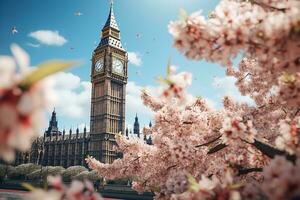 mijlpaal van de groot ben in Londen voor vakantie bestemming in lente ai generatief foto