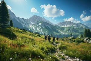 groep van klimmer wandelen gaan naar berg beklimming Bij helder dag ai generatief foto