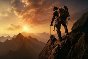 Mens beklimming Aan een rotsachtig klif met touw en veiligheid uitrusting Bij zonsopkomst ai generatief foto