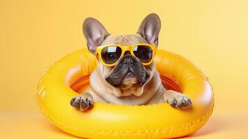 schattig en grappig Frans bulldog in modieus zonnebril Aan geïsoleerd achtergrond.dier zomer vakantie concept.gemaakt met generatief ai technologie foto