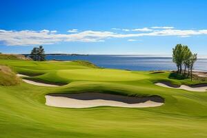 mooi golf Cursus met zand bunkers met blauw lucht. gemaakt met generatief ai technologie. foto