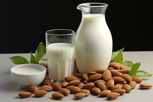 amandel melk in glas met amandelen.gezondheid voedsel concept.gemaakt met generatief ai technologie. foto