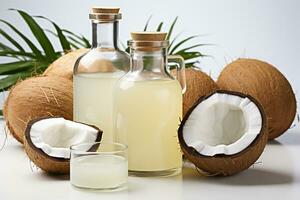 kokosnoot olie in een fles met olijf- met kokosnoot .Gezondheid voedsel, eetpatroon concept.gemaakt met generatief ai technologie. foto