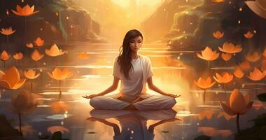 meditatie yoga, Dames mediteren, helderziende Dames overweegt geest en hart. generatief ai foto