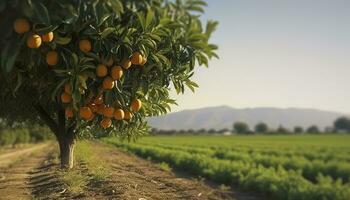 een oranje boom is in de voorgrond met een boerderij veld- achtergrond. generatief ai foto