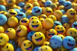 gelukkig en lachend emoticons 3d renderen achtergrond, sociaal media en communicatie concept. ai generatief foto