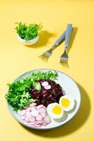 een dieet schotel gemaakt van groenten. biet tartaar, radijs, fries salade en gekookt ei Aan een bord en een vork Aan een geel achtergrond. moeilijk licht. verticaal visie foto