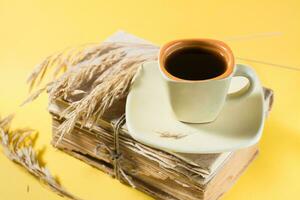 een kop van koffie Aan oud boeken en droog oren van maïs in geel en hard licht. welzijn, harmonie, inclusiviteit foto