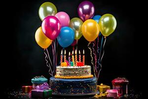 verjaardag taart met kleurrijk ballonnen en cadeaus Aan een zwart achtergrond. verjaardag taart met kaarsen, cadeaus en kleurrijk ballonnen Aan zwart achtergrond, ai gegenereerd foto