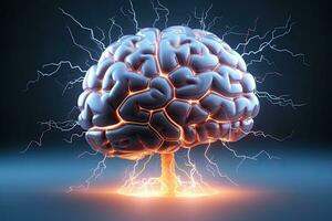 menselijk hersenen in een onweersbui. 3d weergave, 3d illustratie. brainstorming concept. 3d illustratie van menselijk hersenen met bliksem, ai gegenereerd foto