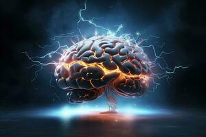 menselijk hersenen met blikseminslag effect Aan donker achtergrond. 3d weergave, brainstorming concept met menselijk hersenen en bliksem, 3d illustratie, ai gegenereerd foto