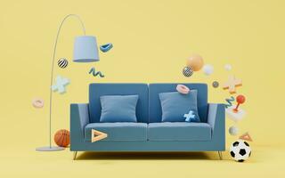 sofa en speelgoed, recreatie en ontspanning concept, 3d weergave. foto