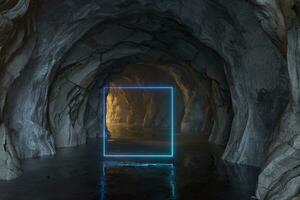 de donker rots tunnel met licht verlicht, 3d weergave. foto