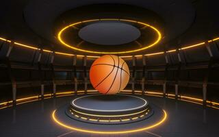binnen- stadium en basketbal, 3d weergave. foto