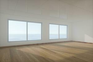 de leeg kamer met houten vloer. uit van de venster is de zee. 3d weergave. foto