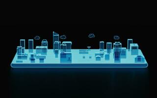 holografische beeld van stad Aan mobiel telefoon, futuristische element, 3d weergave. foto