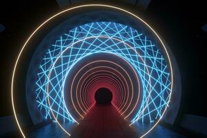 donker ronde tunnel met gloeiend neon lichten, 3d weergave. foto